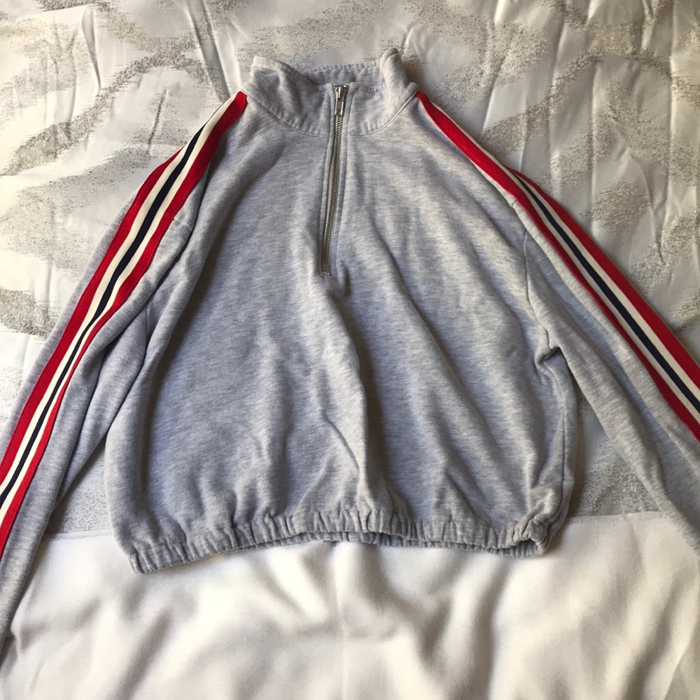 Gray jacket with red,blue and white stripes🤍